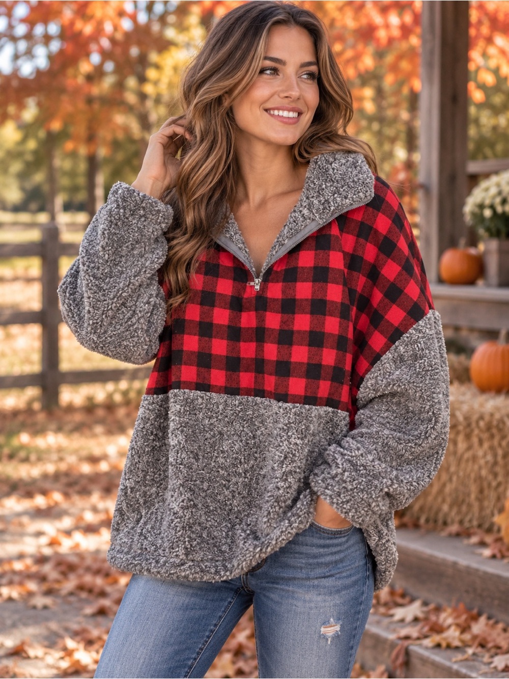 Cozy Red Buffalo Plaid Sherpa Pullover Fall Half Zip